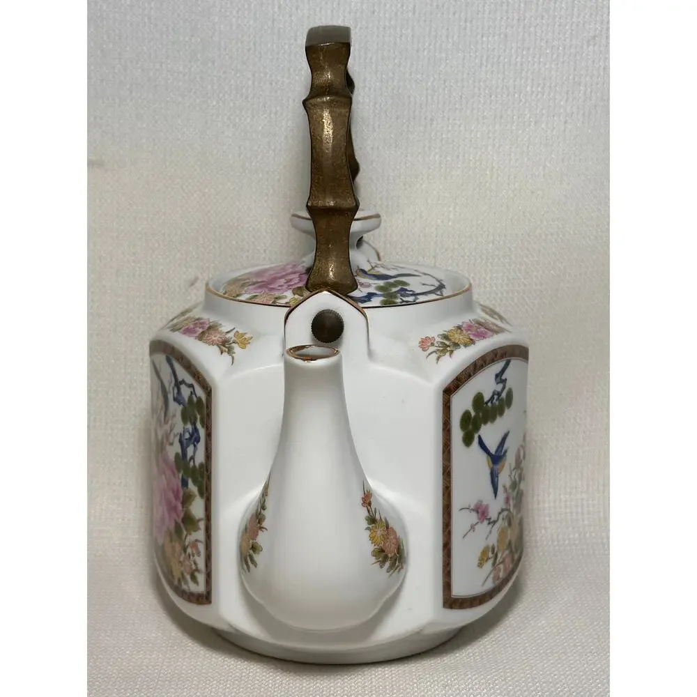 Homco Birds & Lotus Teapot Hexagon Japan Vintage 1980s